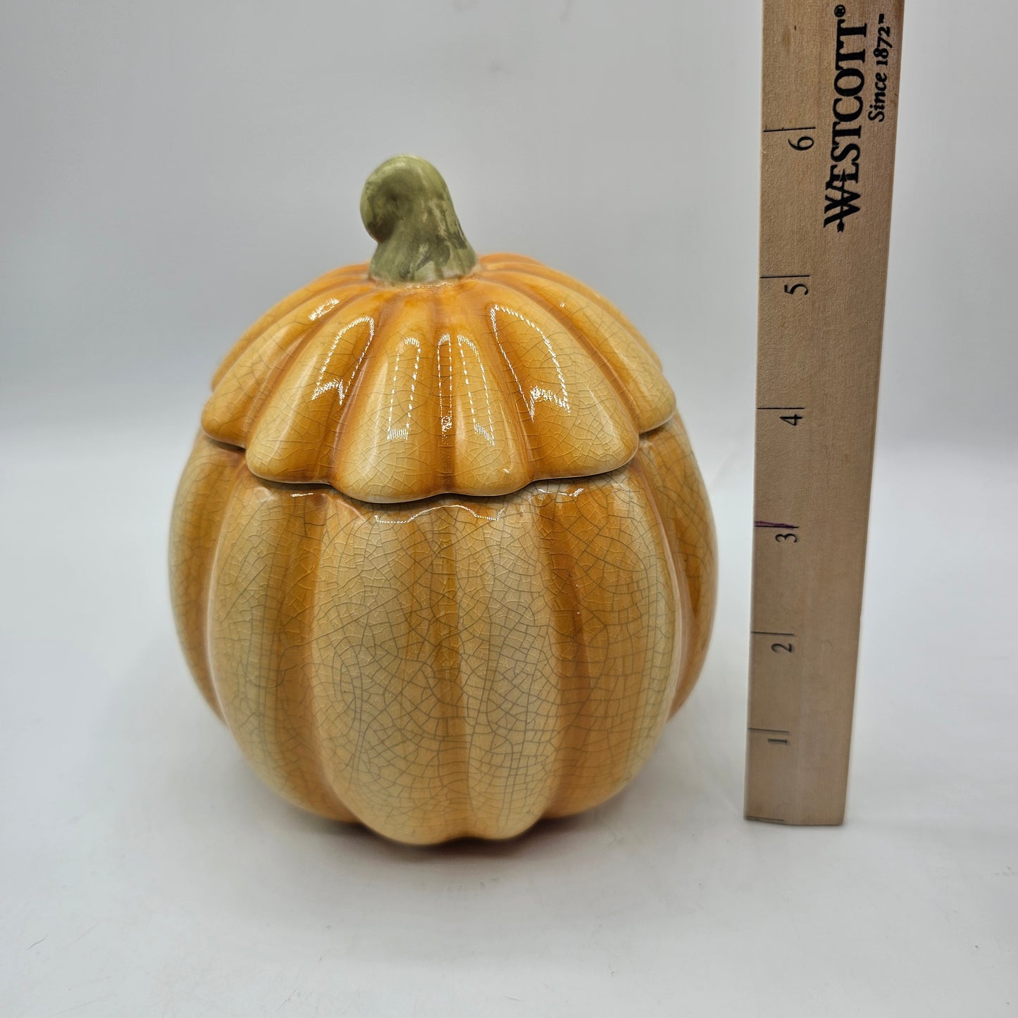 Orange Crackle Glazed Ceramic Pumpkin Candle - Lit