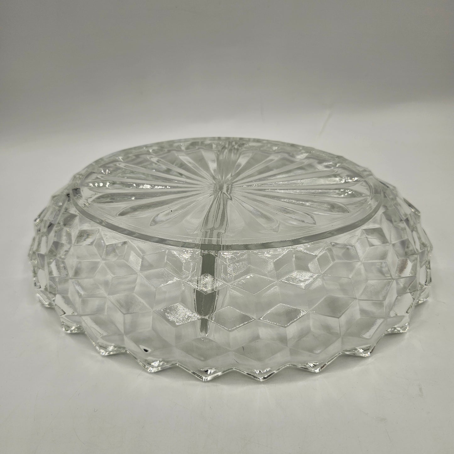 Vintage Divided Oval Cubist / American Pattern Clear Glass Candy / Nut Dish Scalloped Edge