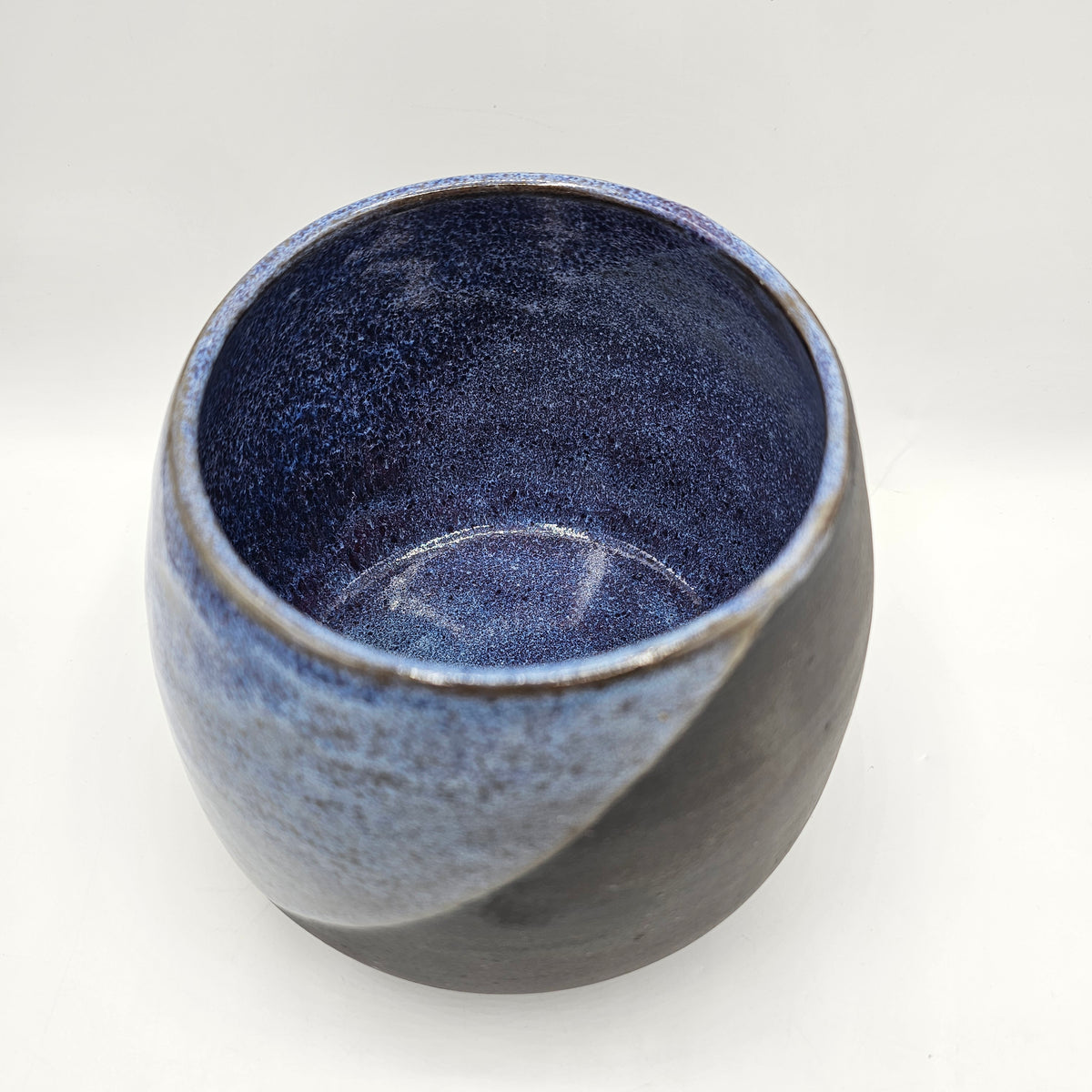 Artisan Pottery Diagonal Split Glazed Blue and Matte Black Ceramic Planter Pot - Signed
