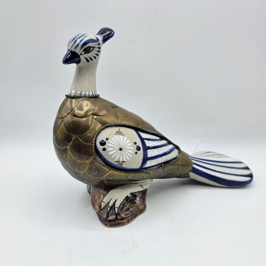 Vintage Tonala Mexican Pottery Bird with Brass Scale Armor Figurine