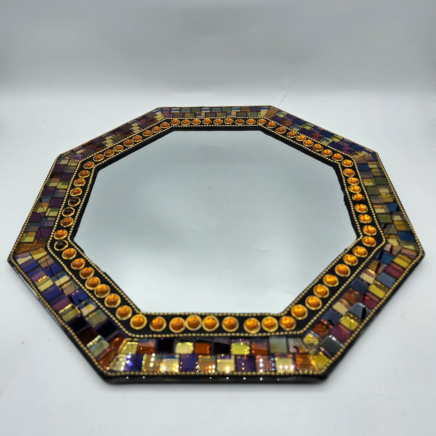 PartyLite Hexagonal Mosaic Glass Framed Wall Mirror / Vanity Tray 11" Diameter **damage noted**