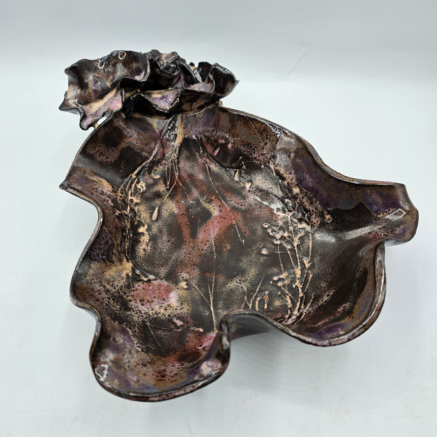 Art Pottery Pear Tray with Ruffle Leaves - Artisan Signed