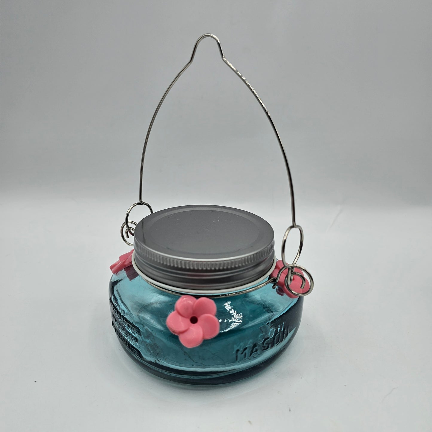 Mini Blue Glass Mason Jar Hummingbird Feeder