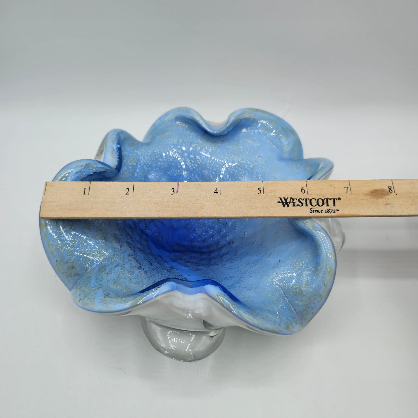 Vintage Murano Art Glass Controlled Bubble Ruffle Edged Dish - Blue