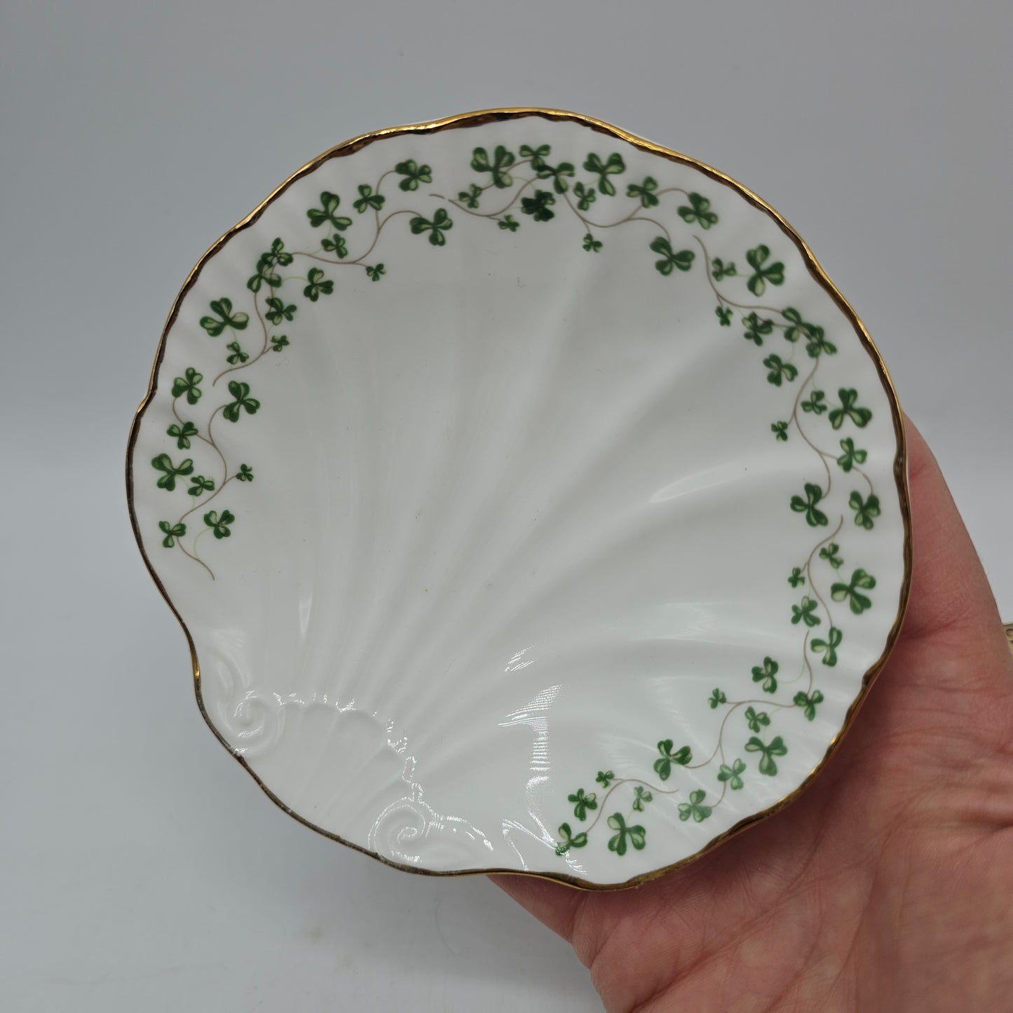 Royal Tara Bone China Shell Shaped Trinket Dish with Green Shamrock Design - Made in Ireland