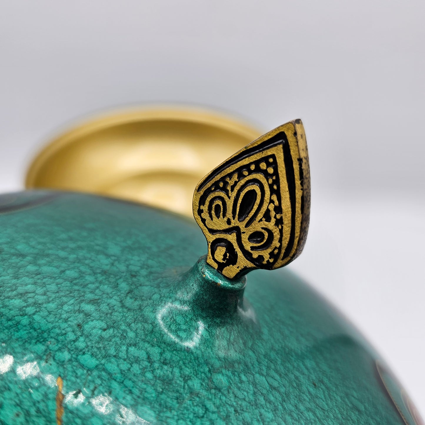 Vintage Israeli Hand Painted Green Enamell and Brass Candy Dish - Made in Israel