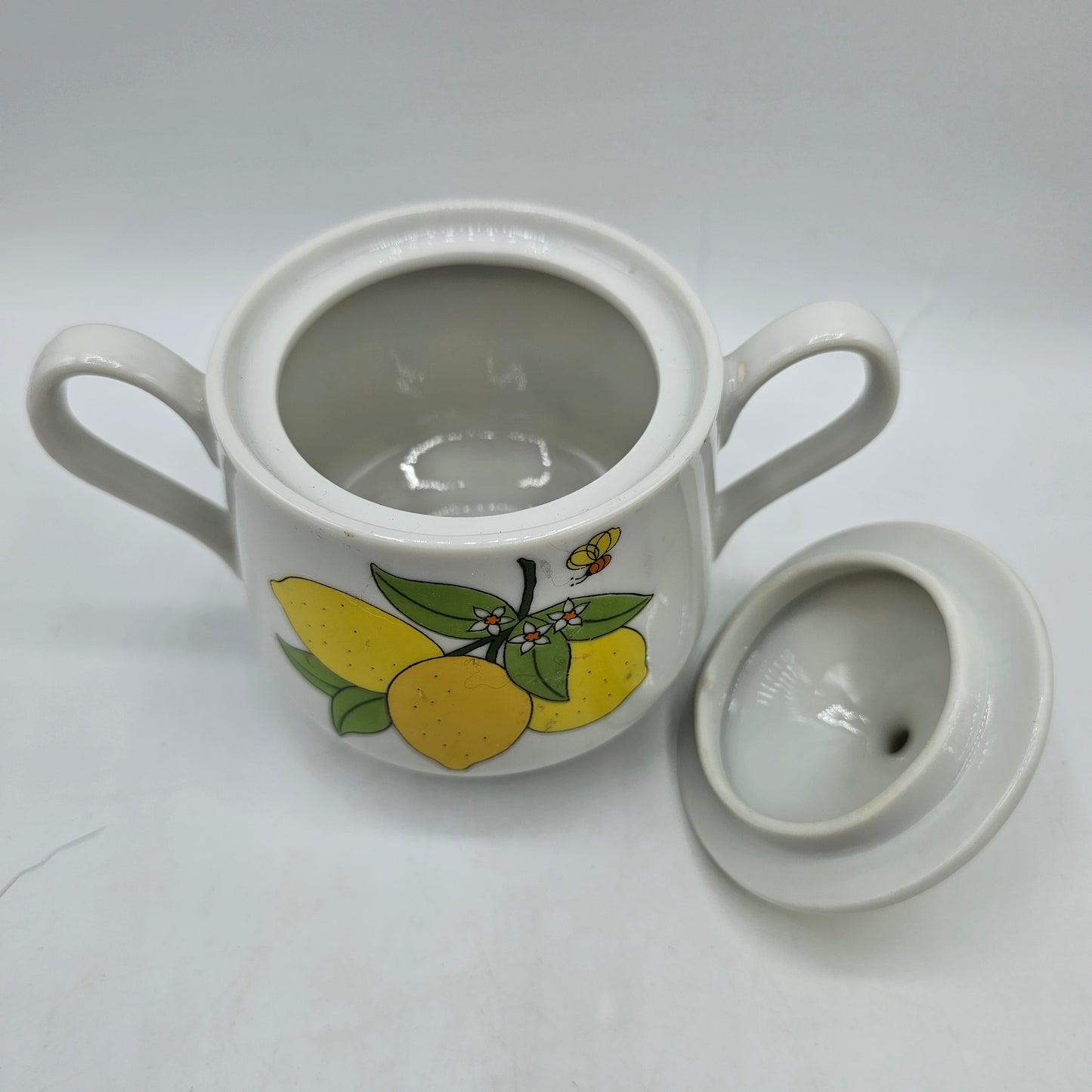 Vintage Lemon and Bee Themed Sugar Bowl with Lid and Handles