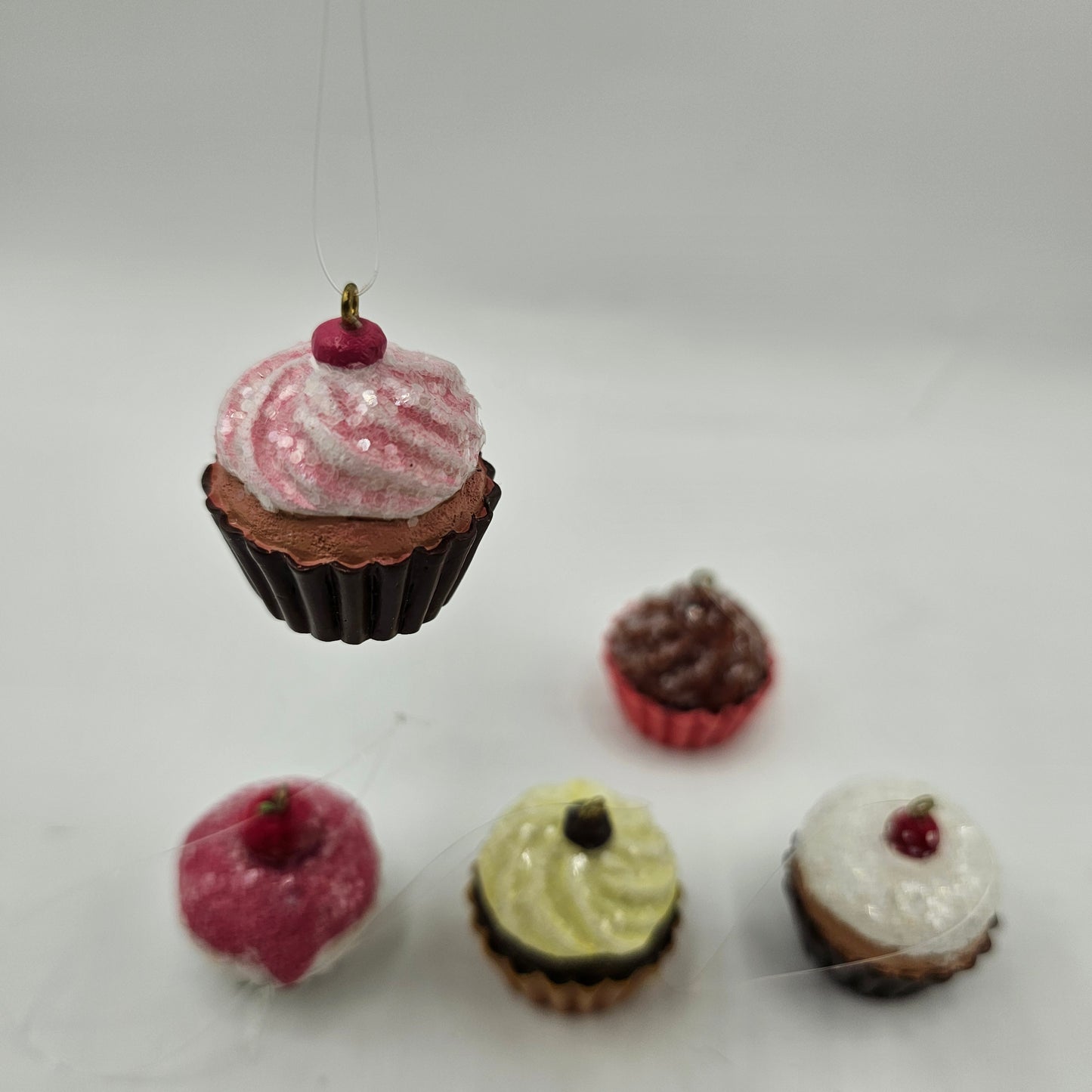 Miniature Frosted Cupcake Christmas Tree Ornaments - Resin - Set of 5