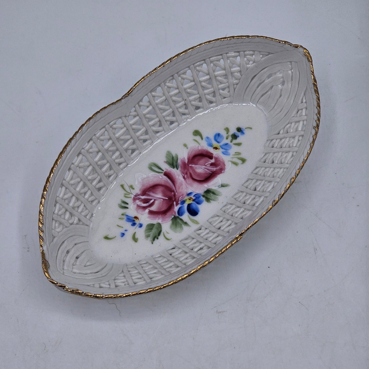 Small Reticulated Open Weave Hand Painted Floral Porcelain Trinket Dish