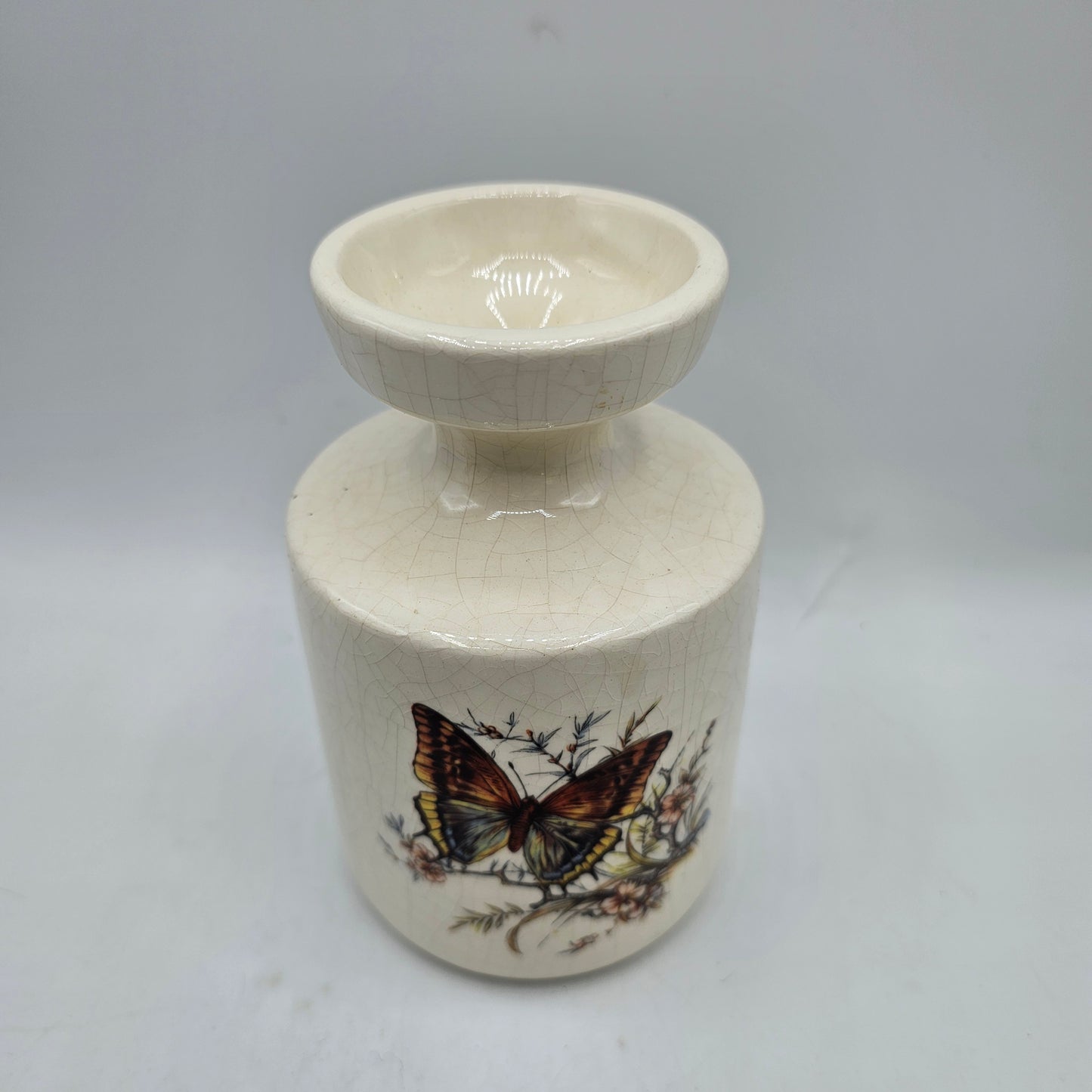 Vintage Crazed Ceramic Bulb Forcer with Transferware Butterfly