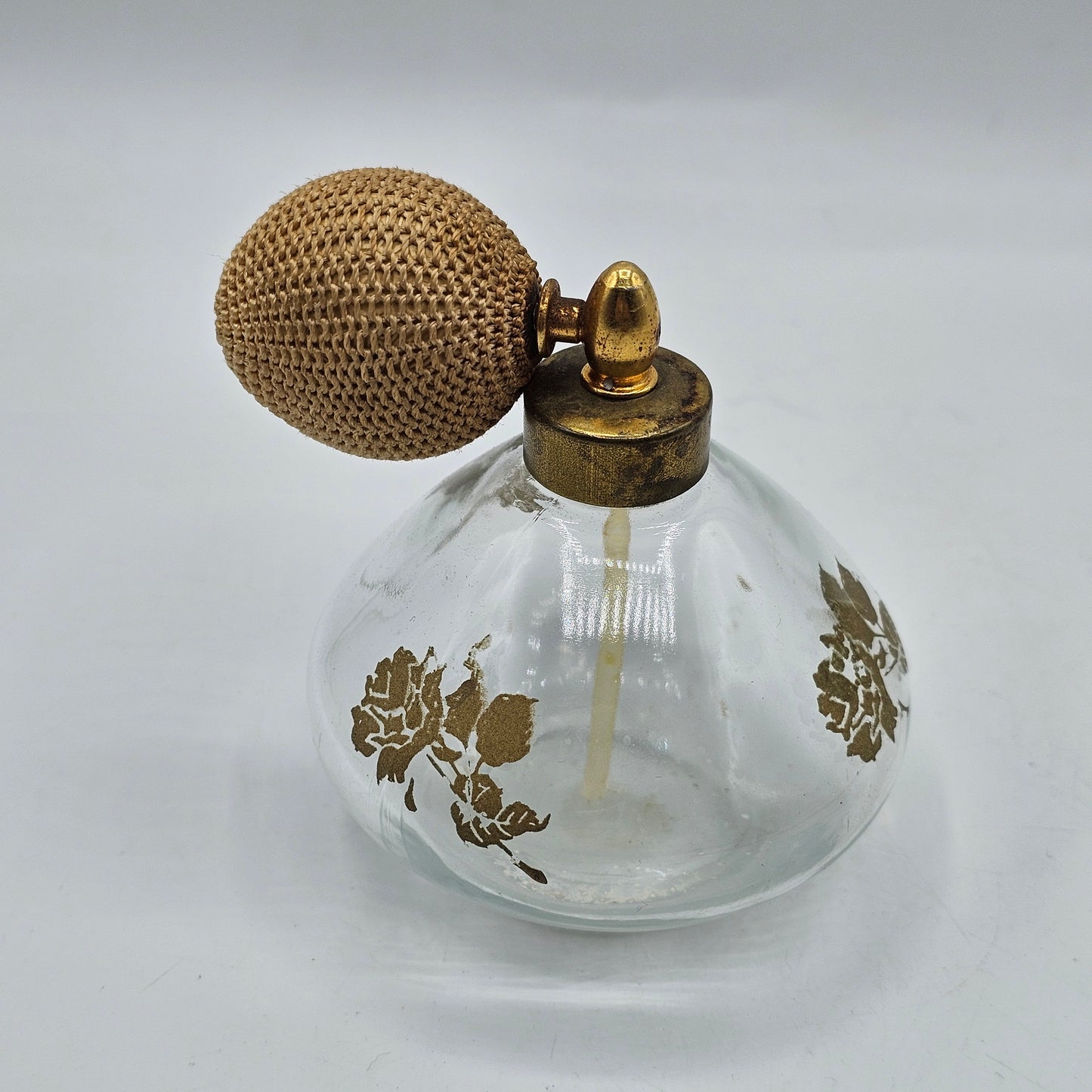 Vintage Glass Perfume Atomizer with Painted Gold Roses and Original Bulb