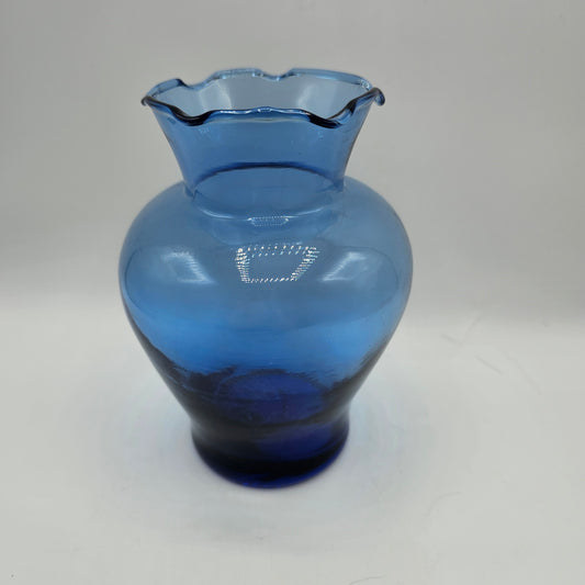 Vintage Hand Blown Ruffle Top Blue Glass Vase