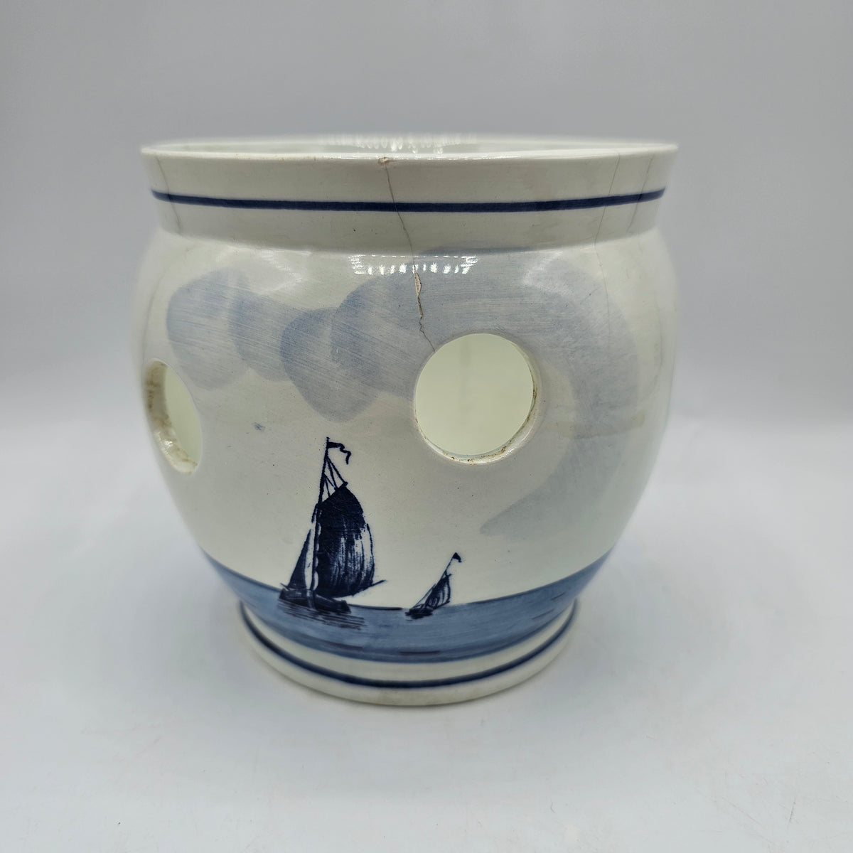 Vintage Delft Blue Tulip Bulb Pot with Windmill - Signed Made in Holland (damage noted)