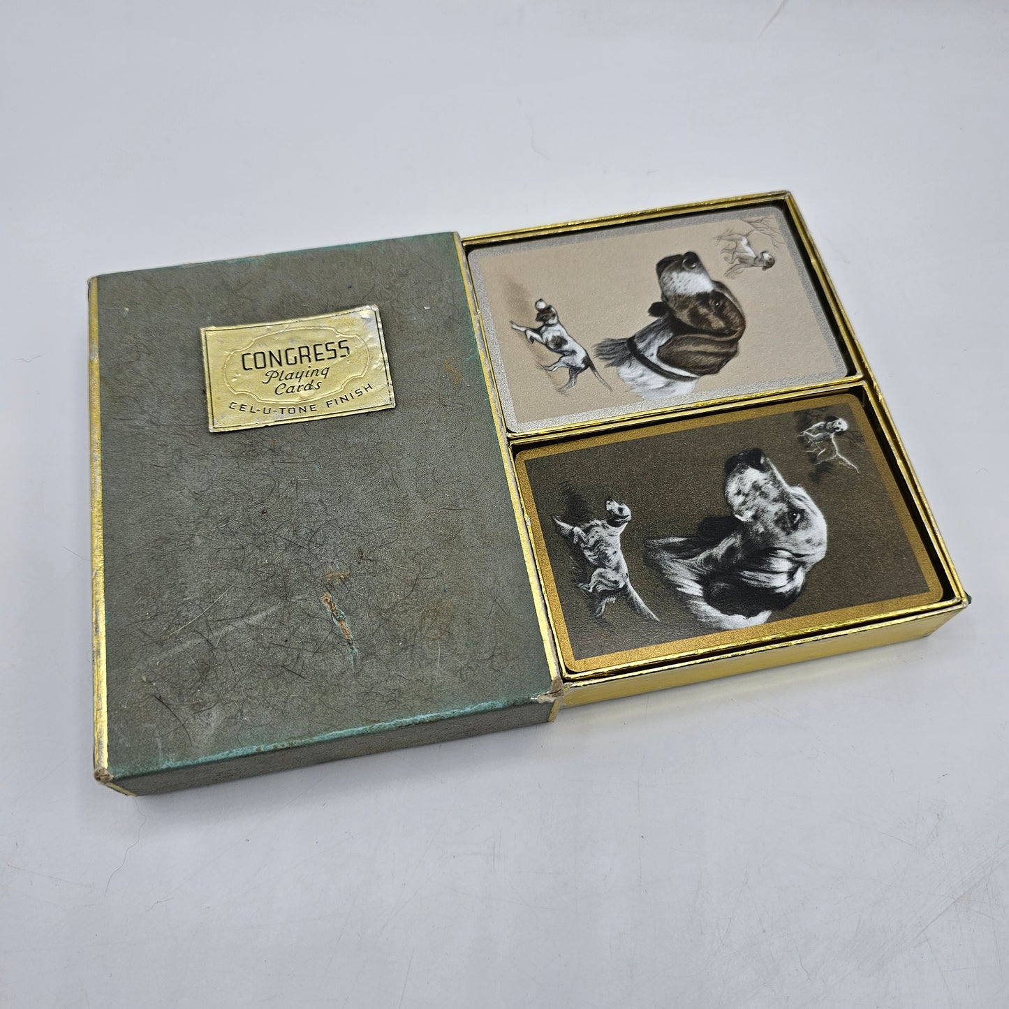 Vintage English Setter Hunting Dogs Playing Cards in with Cell-u-tone Finish in Original Box by Congress