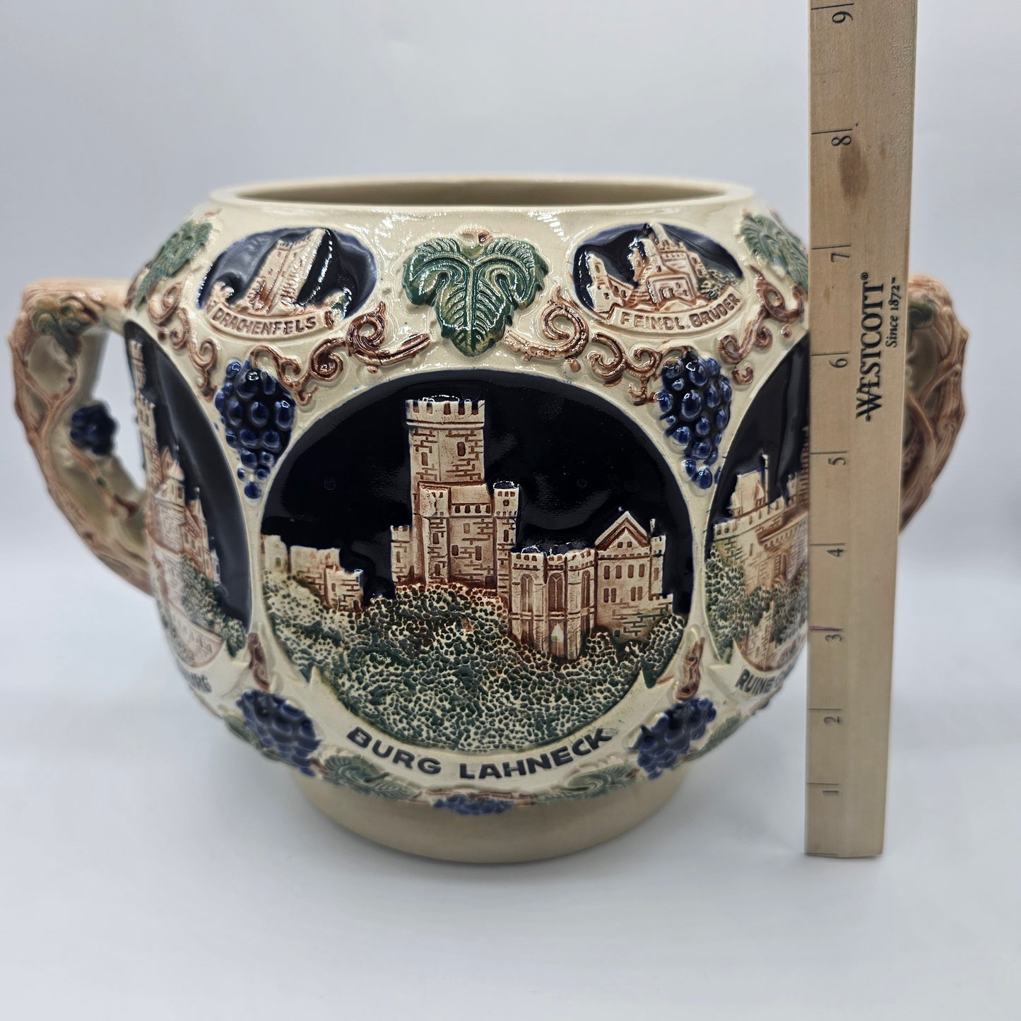 Vintage Gerz Gerzit German Rumtopf Stoneware Punch Bowl / Planter with Relief Rhine Castles