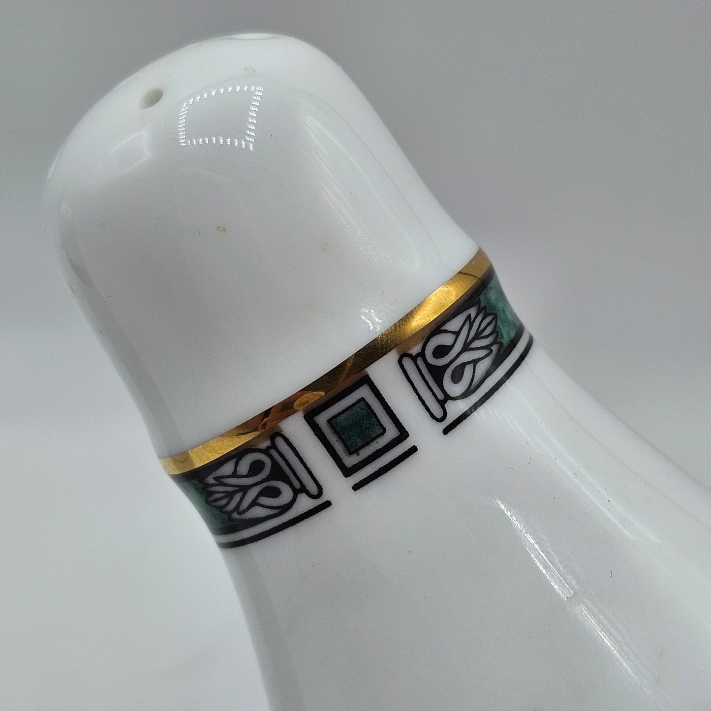 Noritake Green Gold Stripe Salt and Pepper Shakers Teardrop Shape