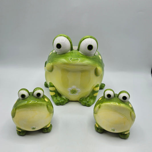 Burton and Burton Green Ceramic Toby Toad Bowl / Planter and Salt and Pepper Shakers