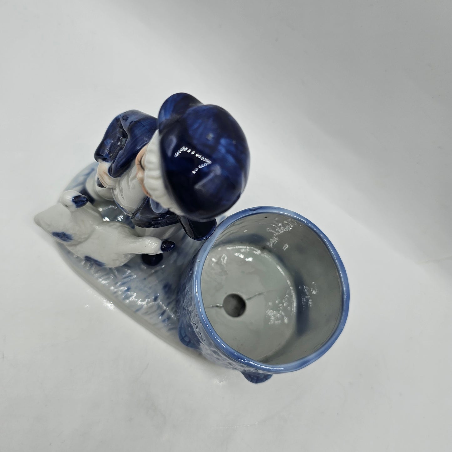 Delft Blue Style Boy Feeding Geese Porcelain Figurine