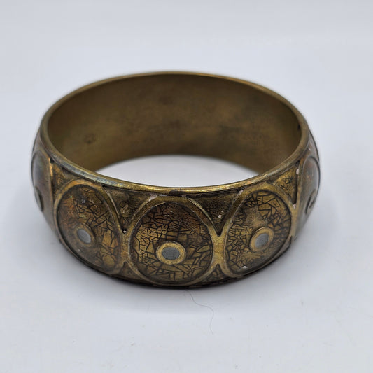 Brass Tone Chunky Bangle Bracelet with Inlaid Circles