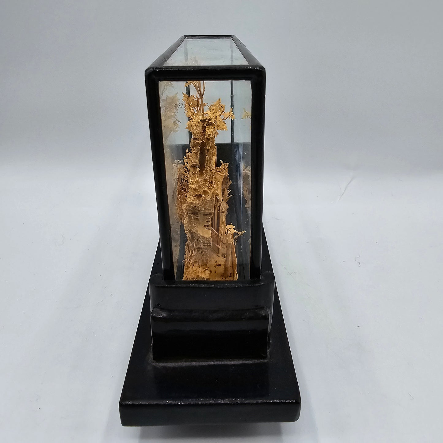 Vintage Chinese Hand Carved Cork Diorama Encased in a Black Lacquer and Glass Shadow Box