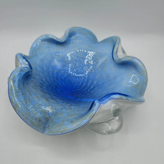 Vintage Murano Art Glass Controlled Bubble Ruffle Edged Dish - Blue
