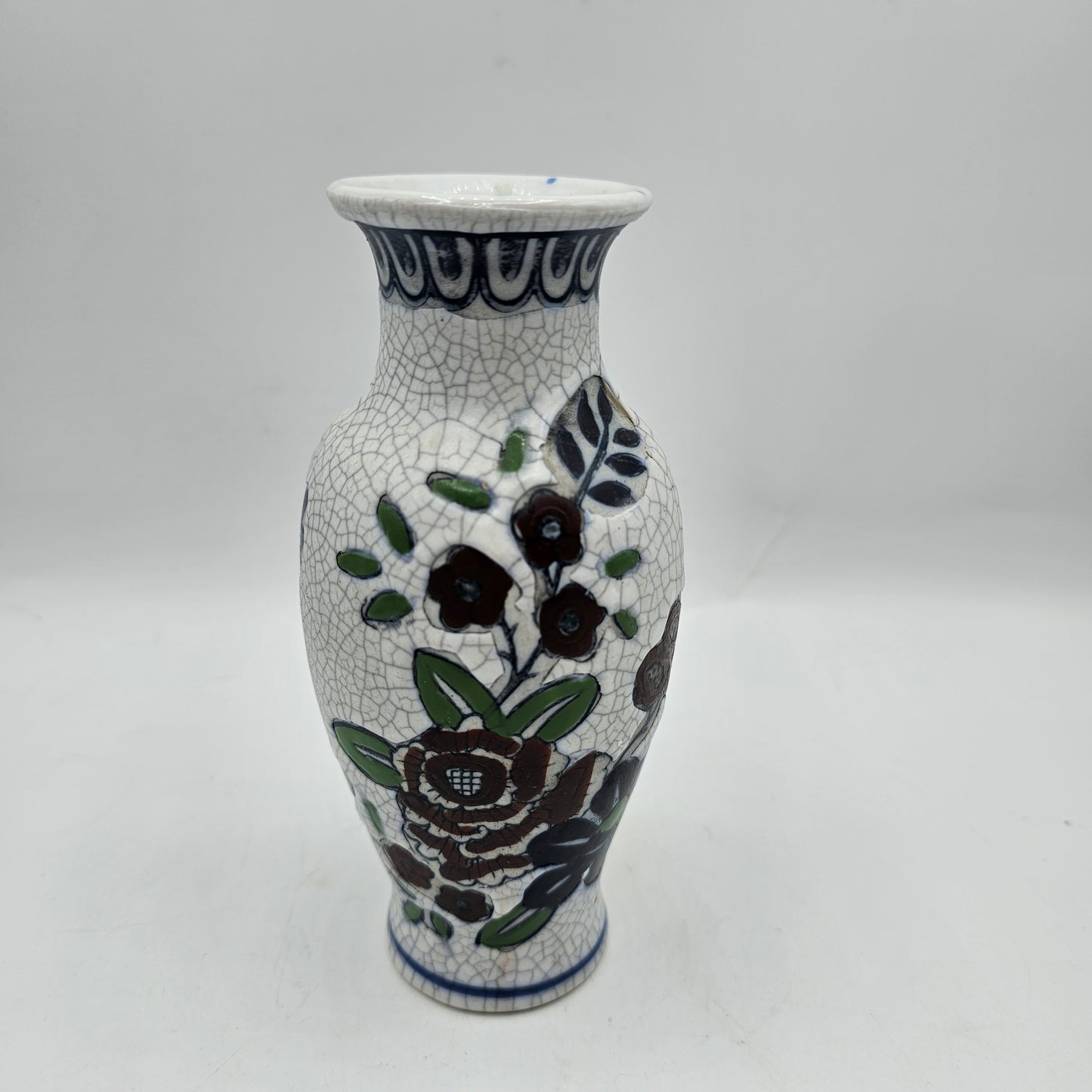Crazed Mosaic Style Vase with Floral Design 5" tall