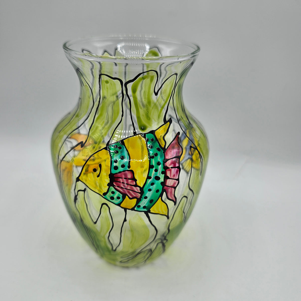Painted Fish in Seaweed Glass Vase