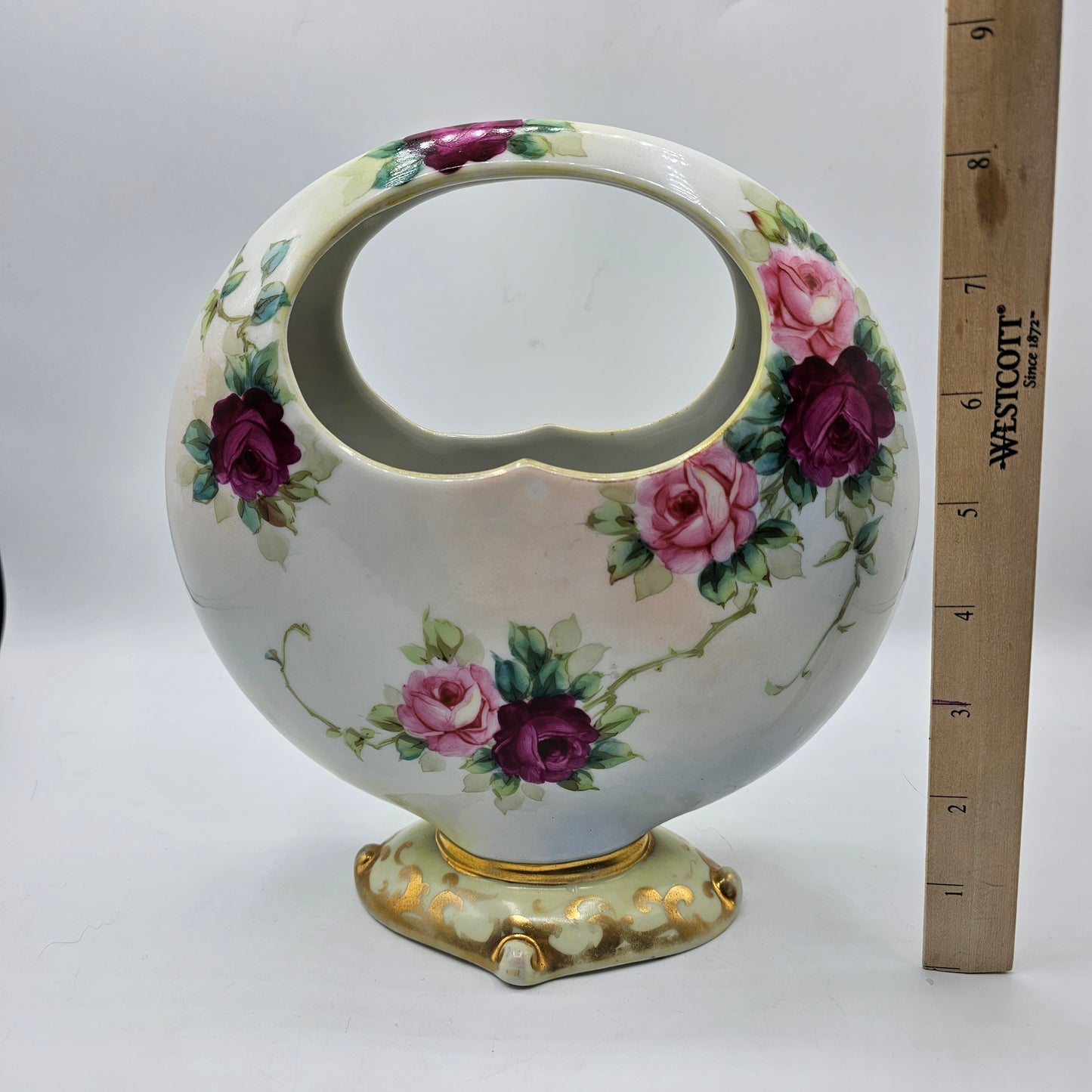 Antique Porcelain Basket Style Vase with Hand Painted Roses