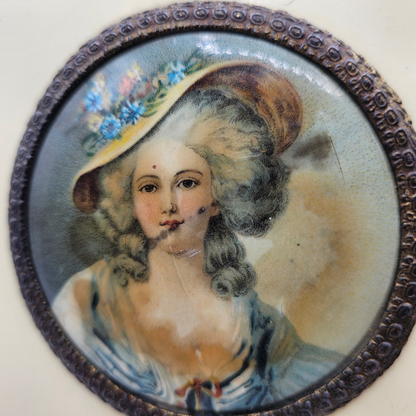 Antique Victorian Vanity Dresser Lidded Footed Metal Box with Celluloid Top and Divided Glass Insert - damage noted