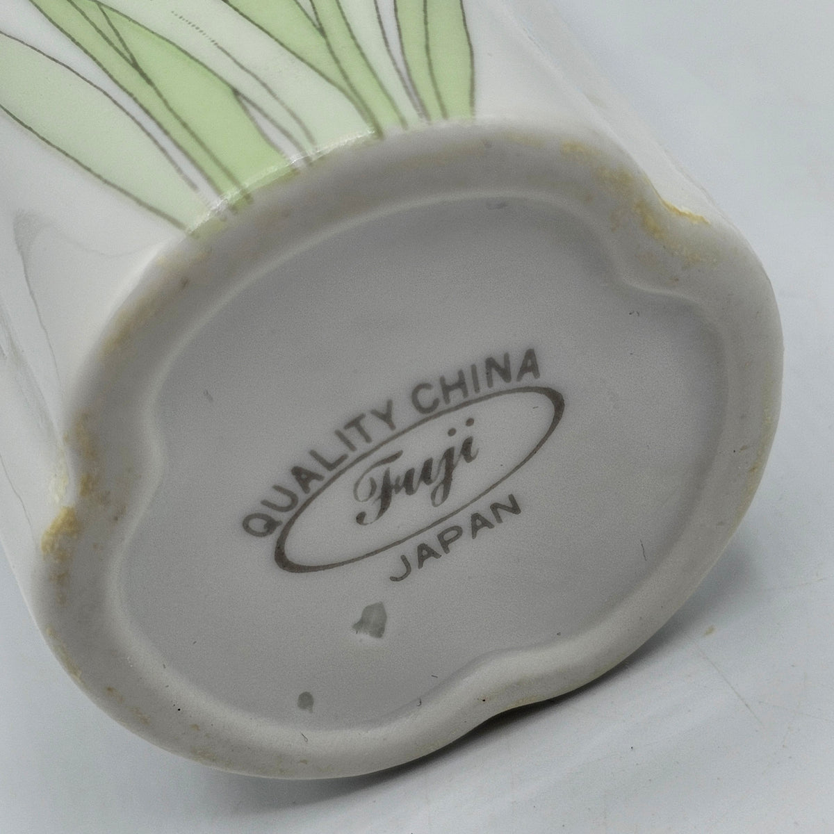 Vintage Porcelain Bud Vase with Blue Iris Flowers by Fuji of Japan (wear to gold as noted)