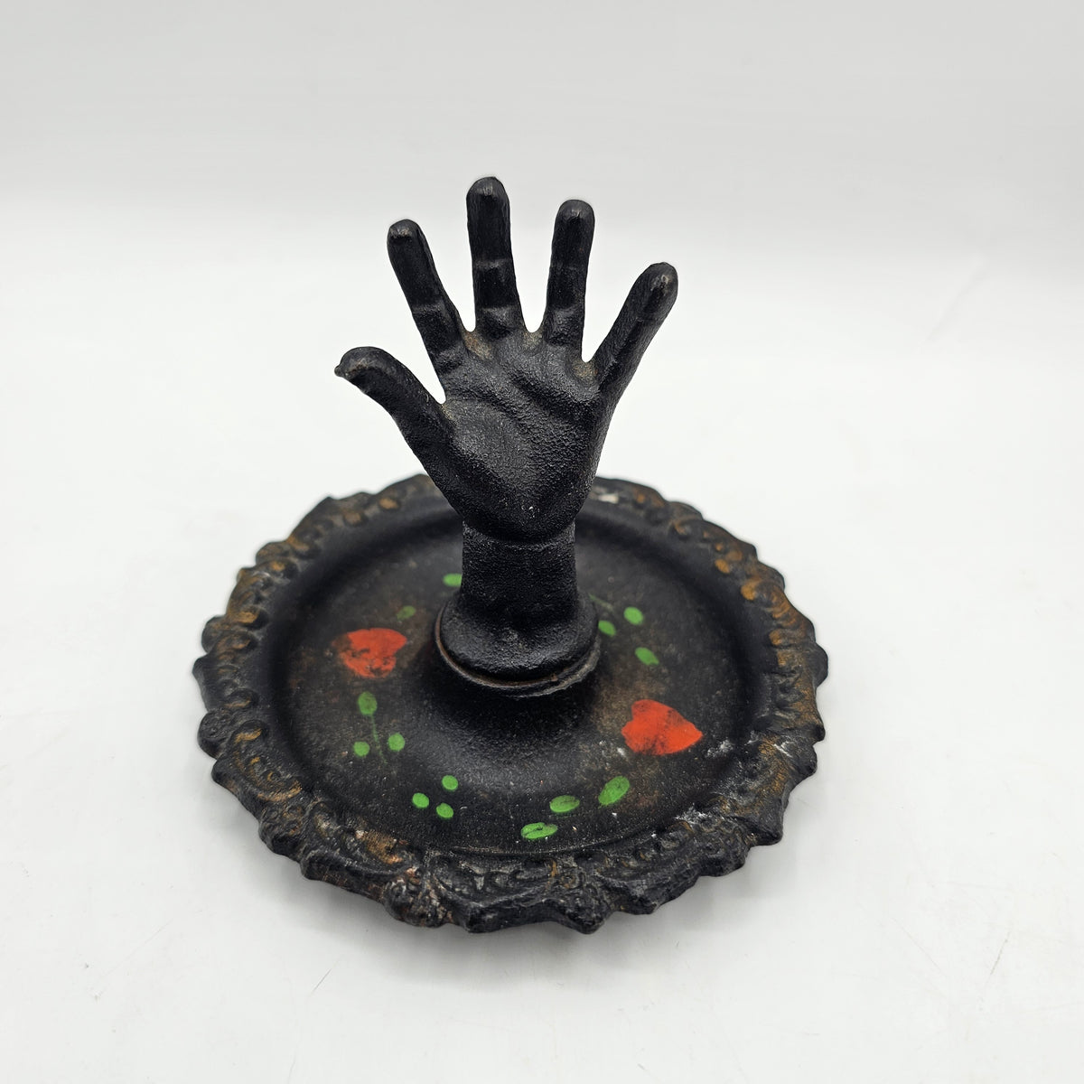 Vintage Wilton Black Hand Cast Iron Ring Trinket Jewelry Dish Hand Painted with Flowers
