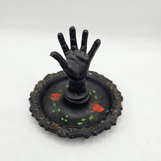 Vintage Wilton Black Hand Cast Iron Ring Trinket Jewelry Dish Hand Painted with Flowers