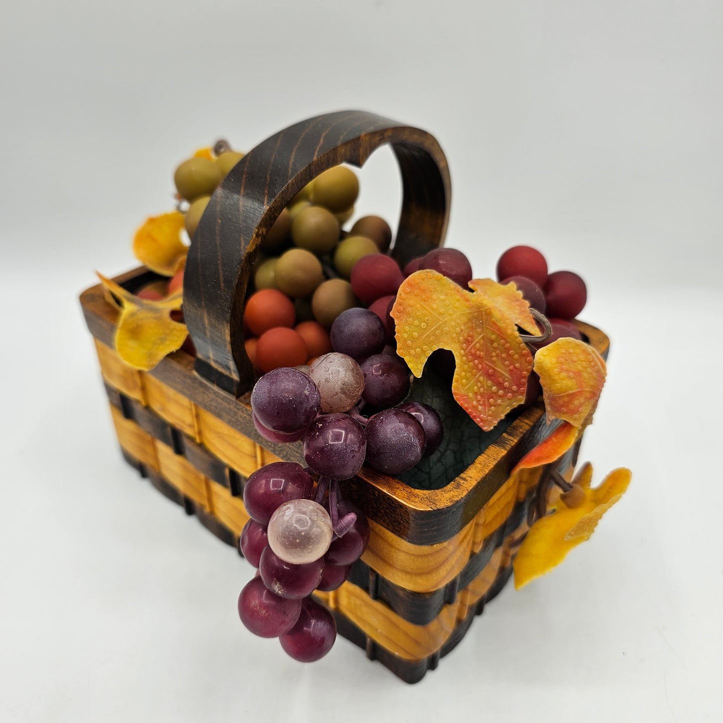 Artist Signed Carved Wood "Woven" Basket with Vintage Rubber Grapes