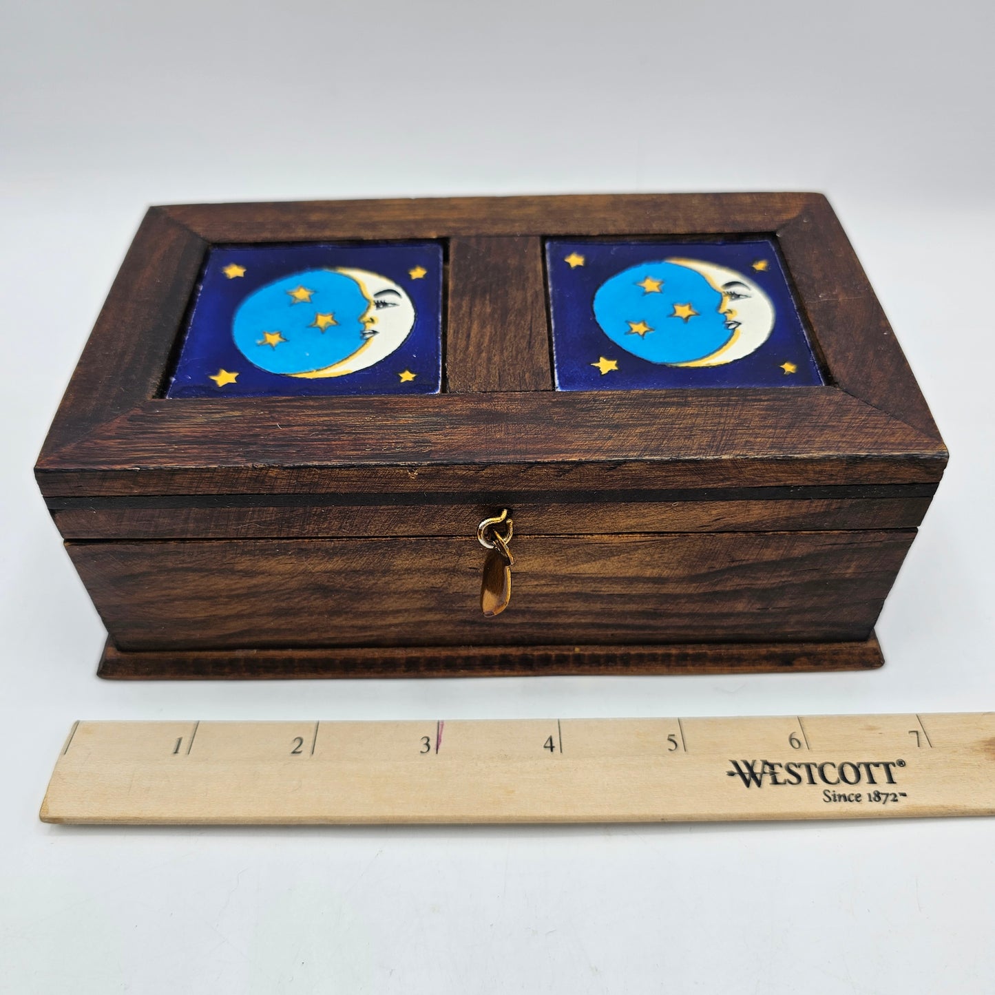 Hinged Wooden Stash Box with Moon and Stars Tiles