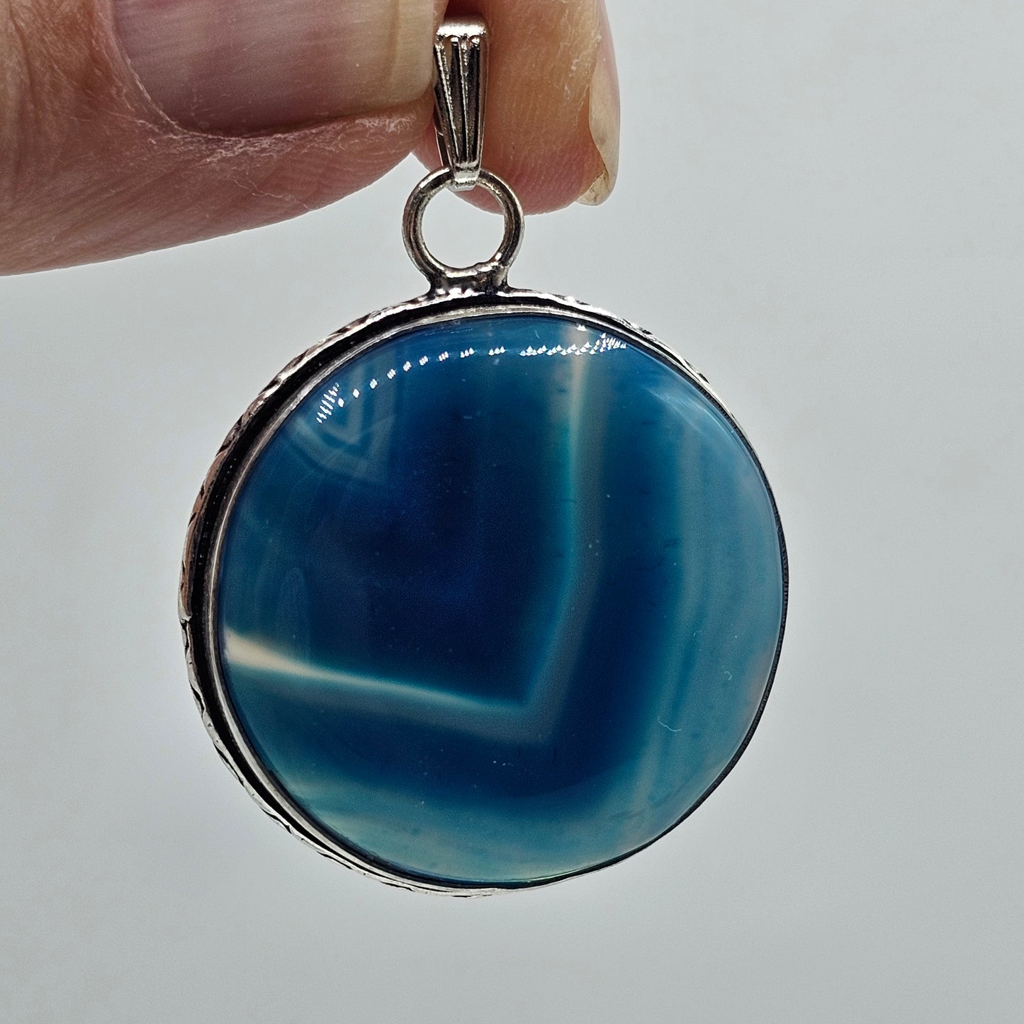 Round Blue Banded Agate Pendant with Silver Tone Setting