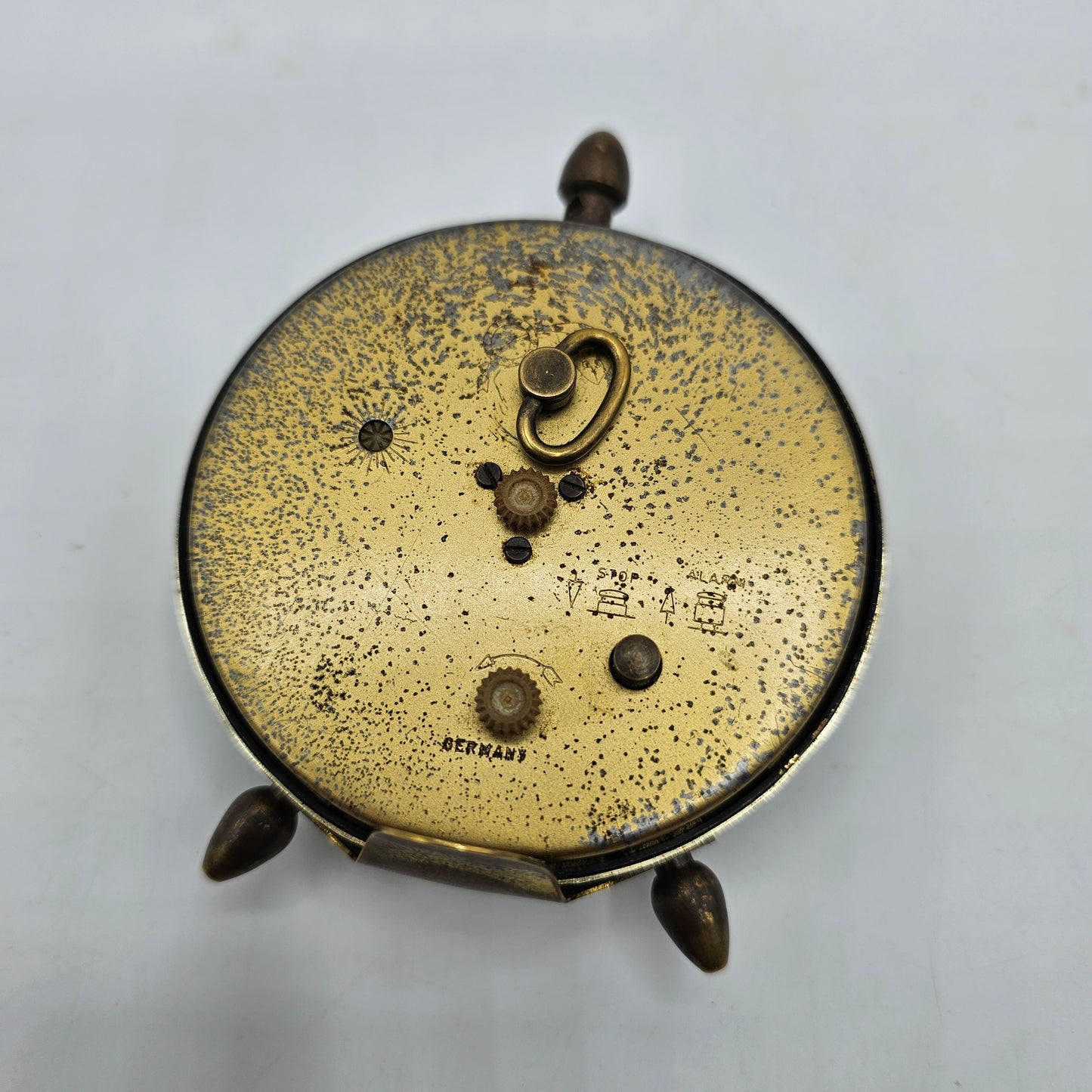 Vintage Bulova Wind Up Alarm Clock with Mother of Pearl Face and Gold Tone Lace Metal Accents - Made in Germany- DISPLAY OR PARTS ONLY DOESN'T WORK