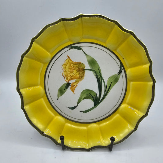 Hand Painted Italian Plate with Yellow Tulip Flower Marked 16/85 Stamped Made in Italy