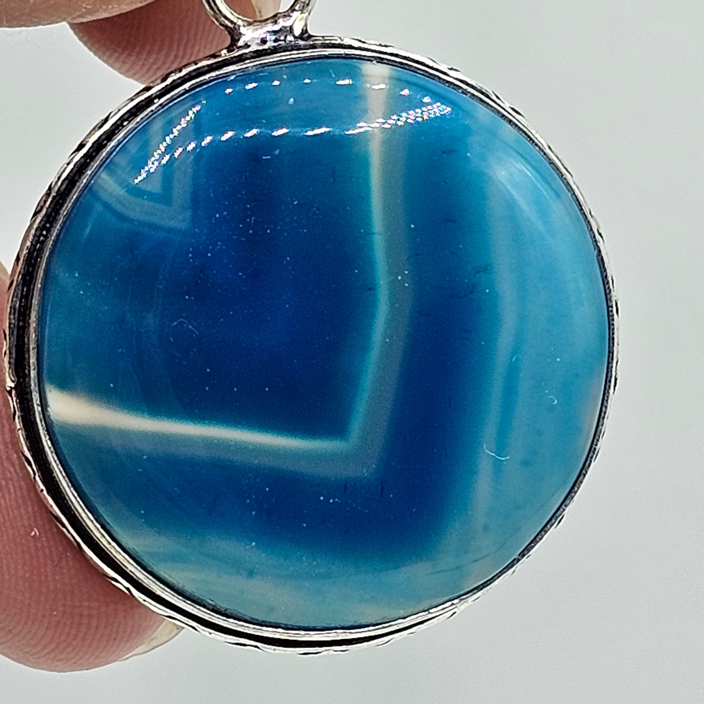 Round Blue Banded Agate Pendant with Silver Tone Setting