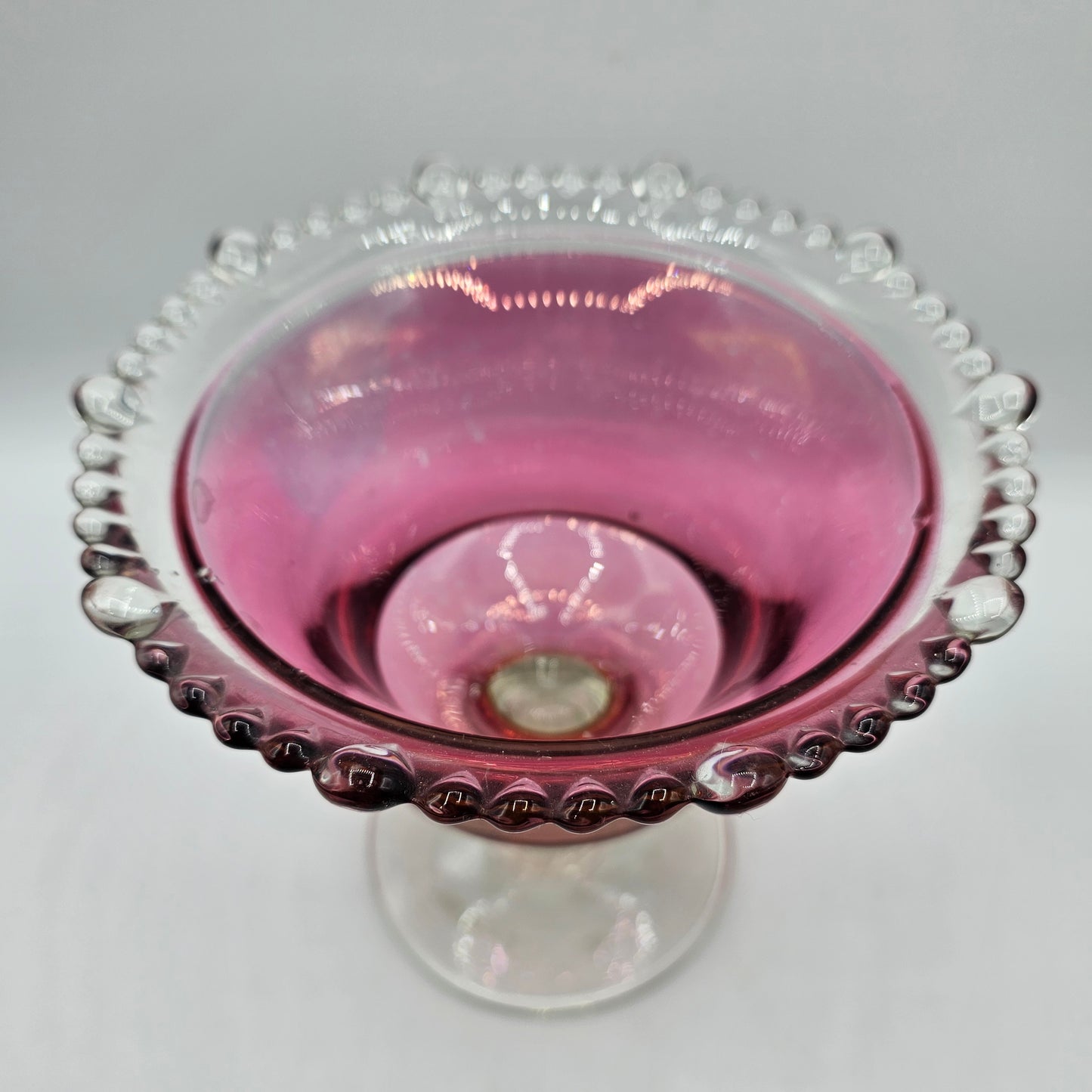Vintage Cranberry Red Painted Glass Pedestal Candy Bowl with Beaded Rim (some wear to paint)
