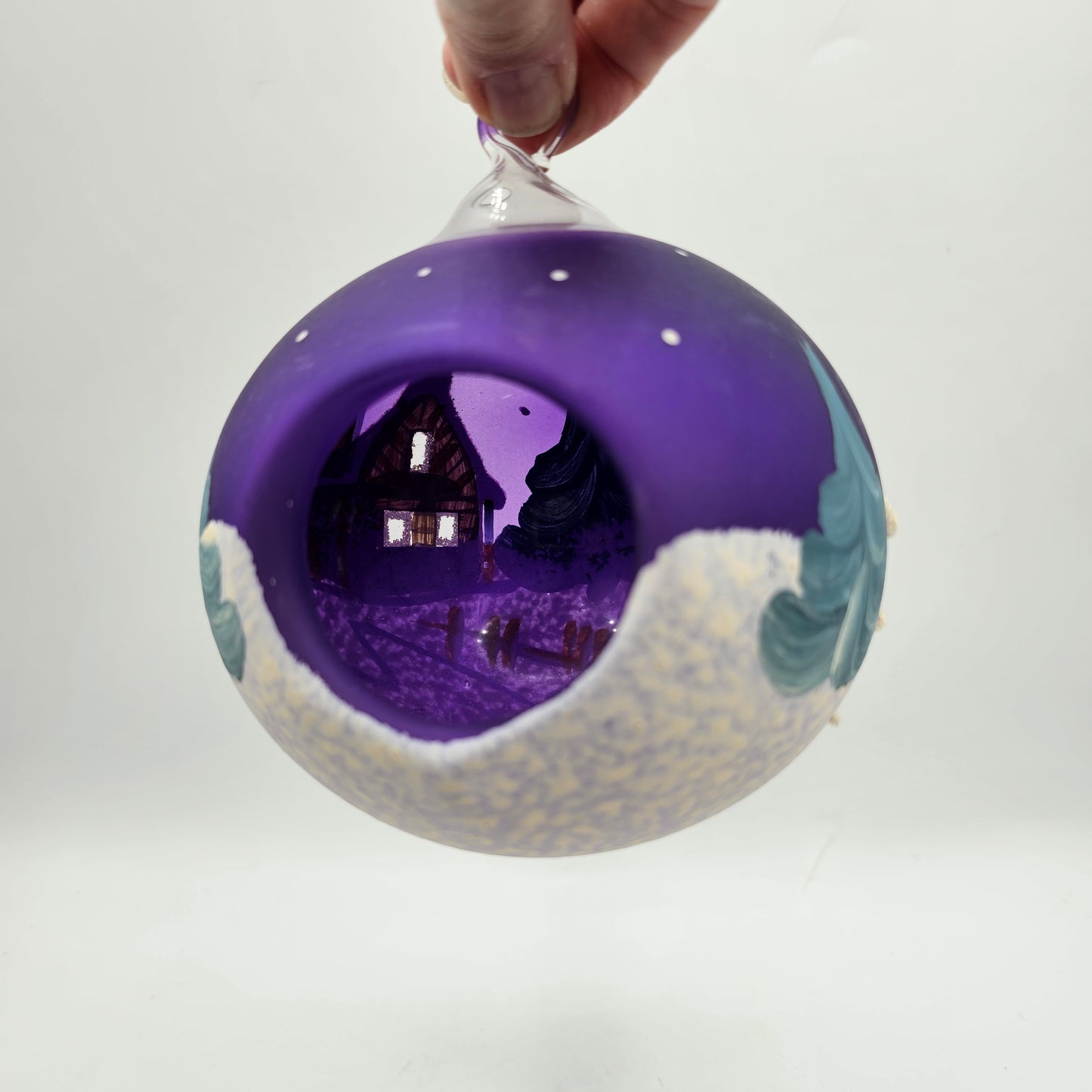 Hand Painted Czech Glass Snow Scene Christmas Ball Ornament - Insert flickering tea light candle to light up