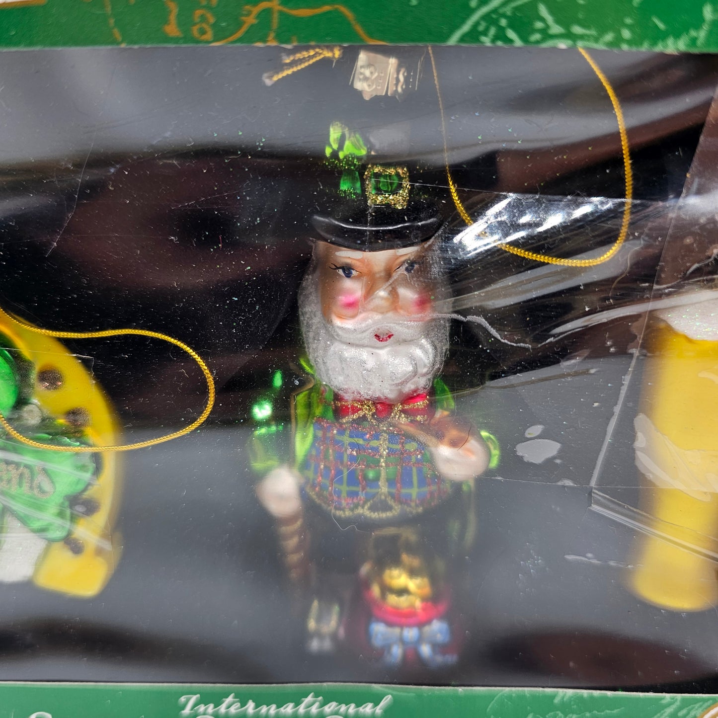 Irish Blown Glass Christmas Tree Ornaments in Original Box -  Shamrock, Leprechaun, Guinness - Set of 3