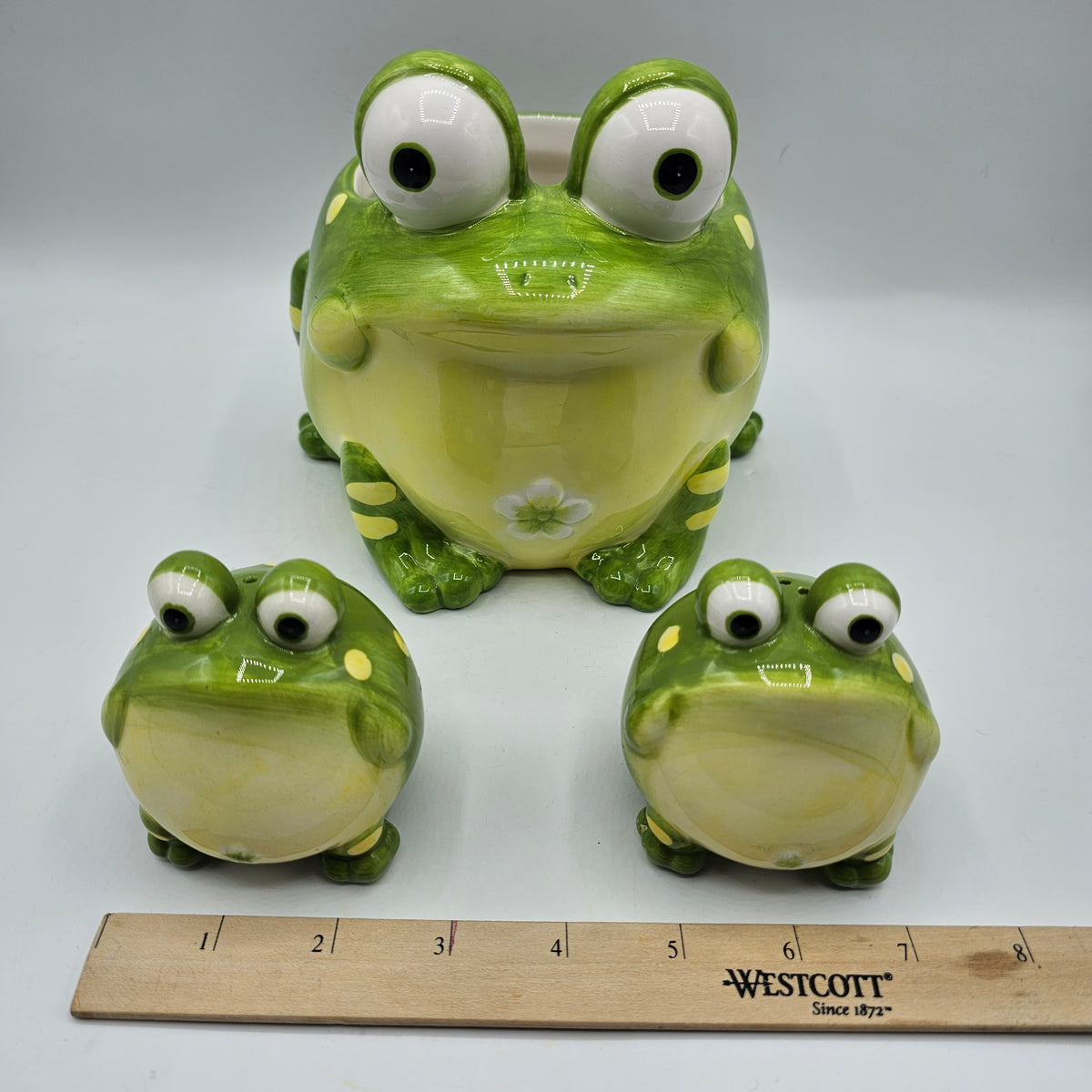 Burton and Burton Green Ceramic Toby Toad Bowl / Planter and Salt and Pepper Shakers