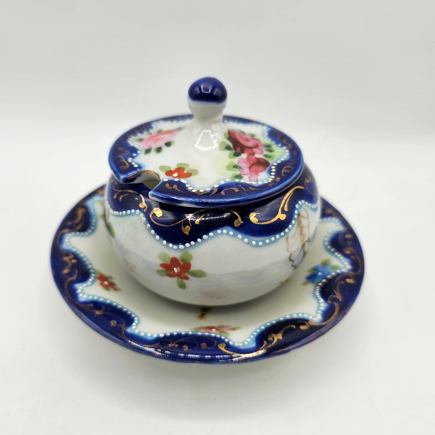 Vintage Japanese Moriage Lidded Jelly Bowl with attached Saucer