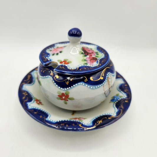 Vintage Japanese Moriage Lidded Jelly Bowl with attached Saucer