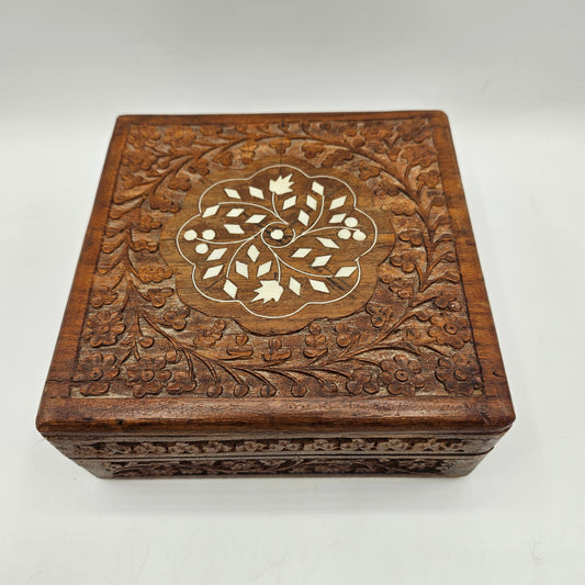 Square Hand Carved Inlaid Wooden Jewelry Box with Hinged Lid