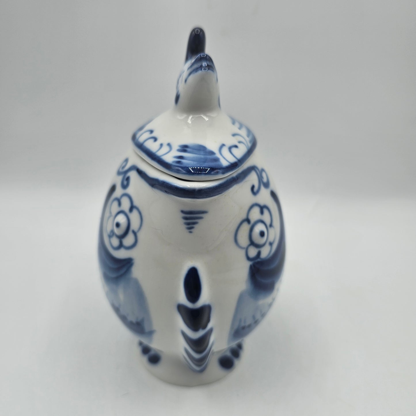 Vintage Russian Gzhel Blue and White Porcelain Lidded Creamer with Figural Fish
