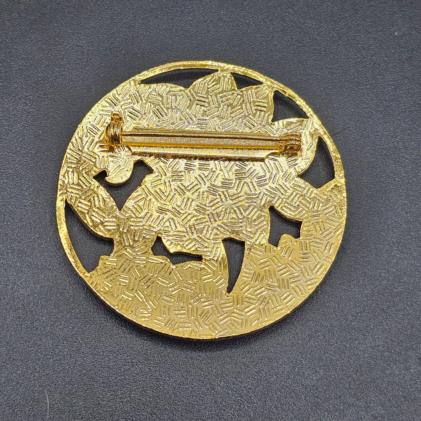 Round Enamel Brooch Pin - Blue and Gold with Flowers