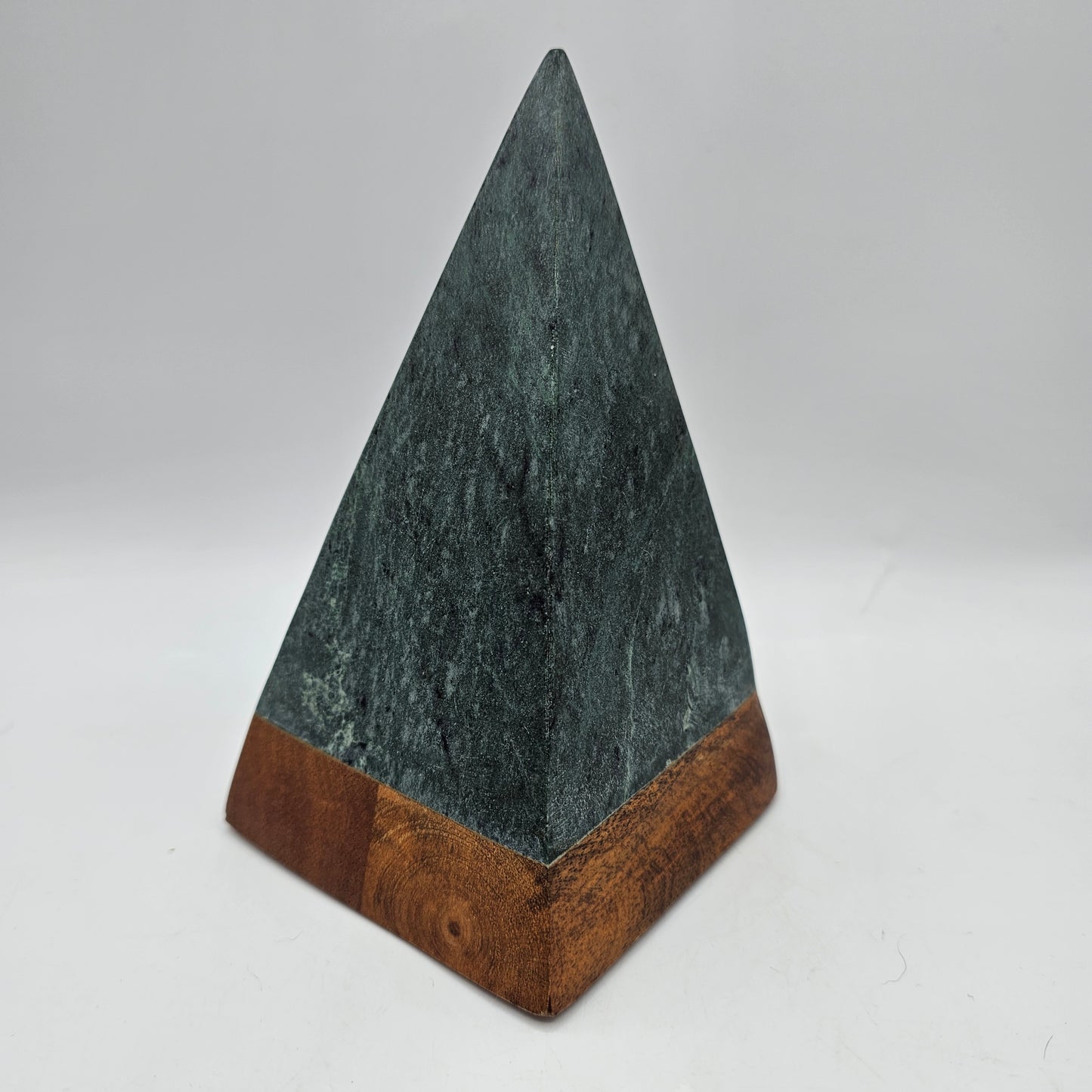 Minimalist Christmas Tree Figurine Green Marble Stone Obelisk Pyramid with Wooden Base