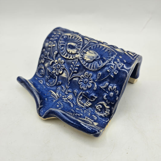 Self Draining Art Pottery Blue Patterned Sponge Holder or Soap Dish - Artisan Signed