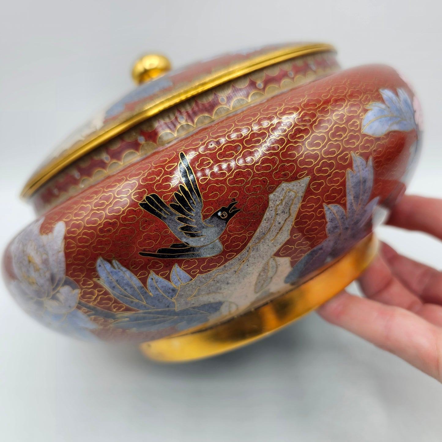 Vintage Cloisonne Lidded Pot with Flowers and Birds